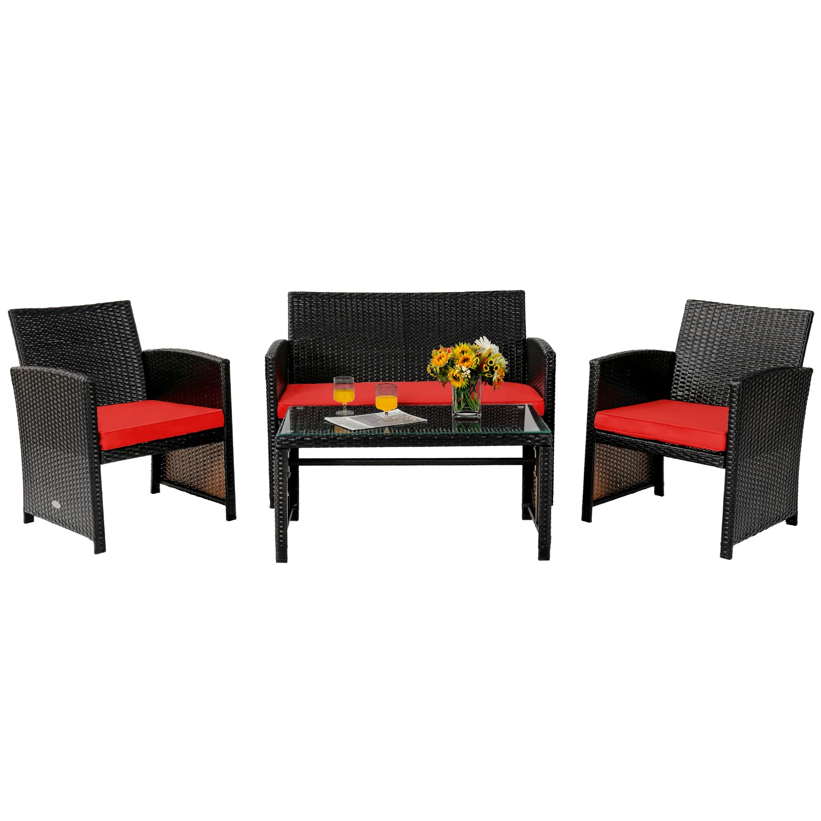 Ensemble de meubles en rotin 4 pièces Tangkula, ensemble de conversation extérieur avec chaise, causeuse et table basse en verre trempé